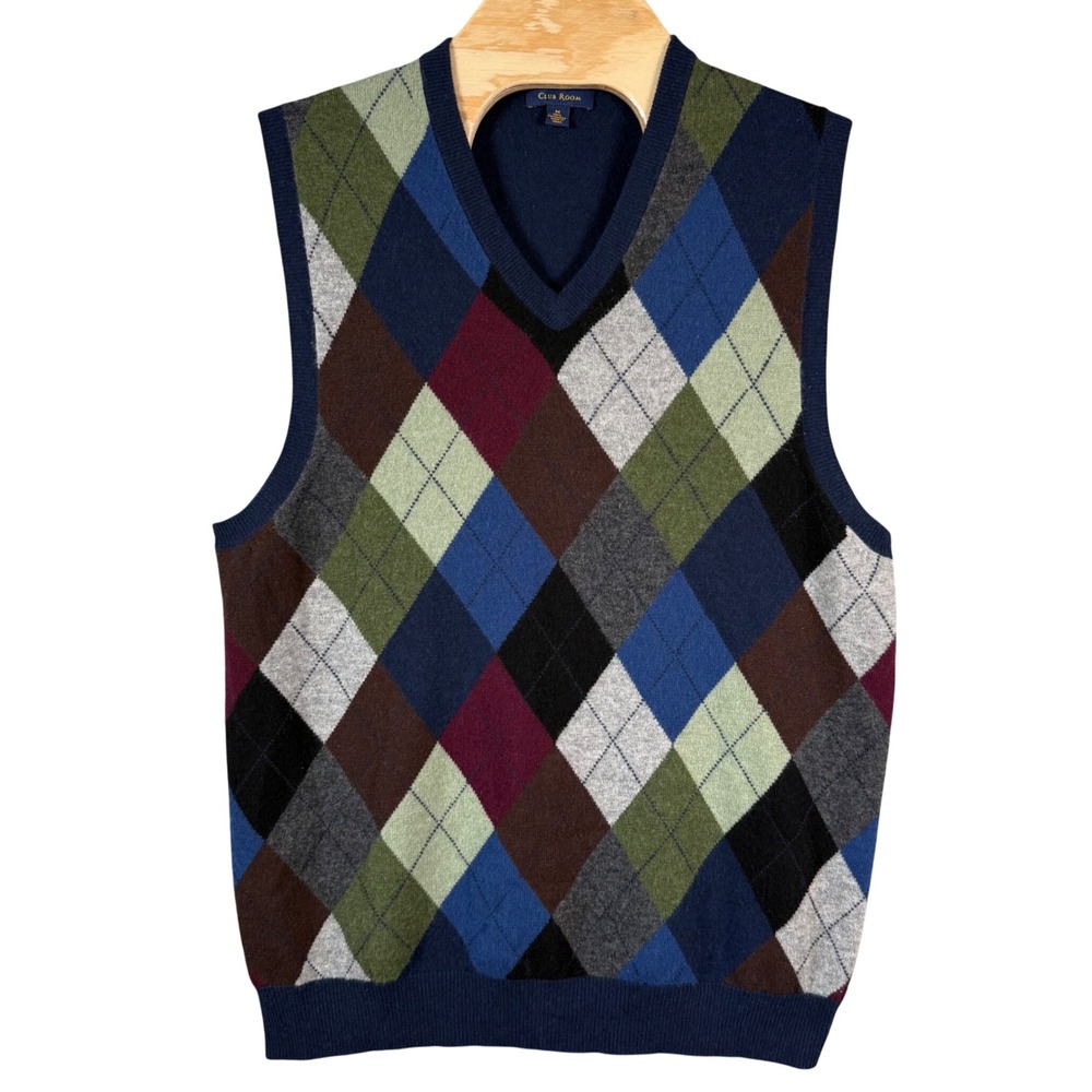 Club Room Sweater Vest Argyle Men M Navy Blue 100% Cashmere V-Neck Luxury Preppy